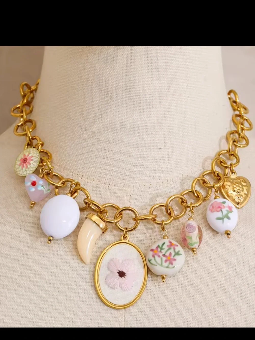 Vintage Floral Porcelain Charm Necklace